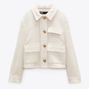 Zara Tweed Textured Gold Buttons Pockets Spring Cream Blazer Jacket Size Large